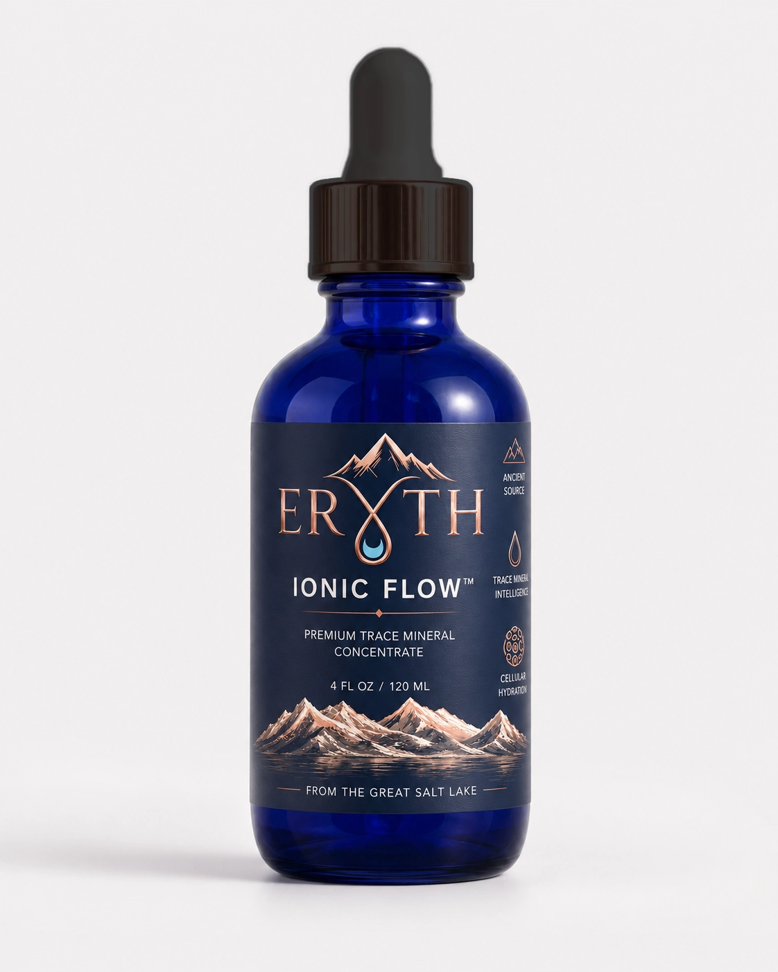ERYTH Ionic Flow liquid trace mineral drops with 84 naturally occurring ionic trace minerals sourced from the Great Salt Lake. Unflavored liquid mineral concentrate designed to support daily hydration and mineral replenishment.